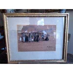 Pastel On Paper By Pierre Marie Alfred Chapuis Trouville Market